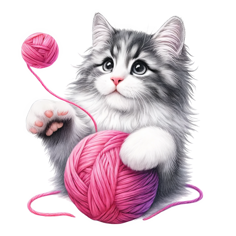 Gray White Kitten Pink Yarn Vinyl Sticker Decal