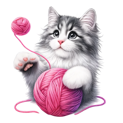 Gray White Kitten Pink Yarn Vinyl Sticker Decal