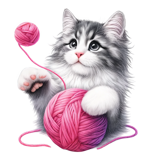 Gray White Kitten Pink Yarn Vinyl Sticker Decal