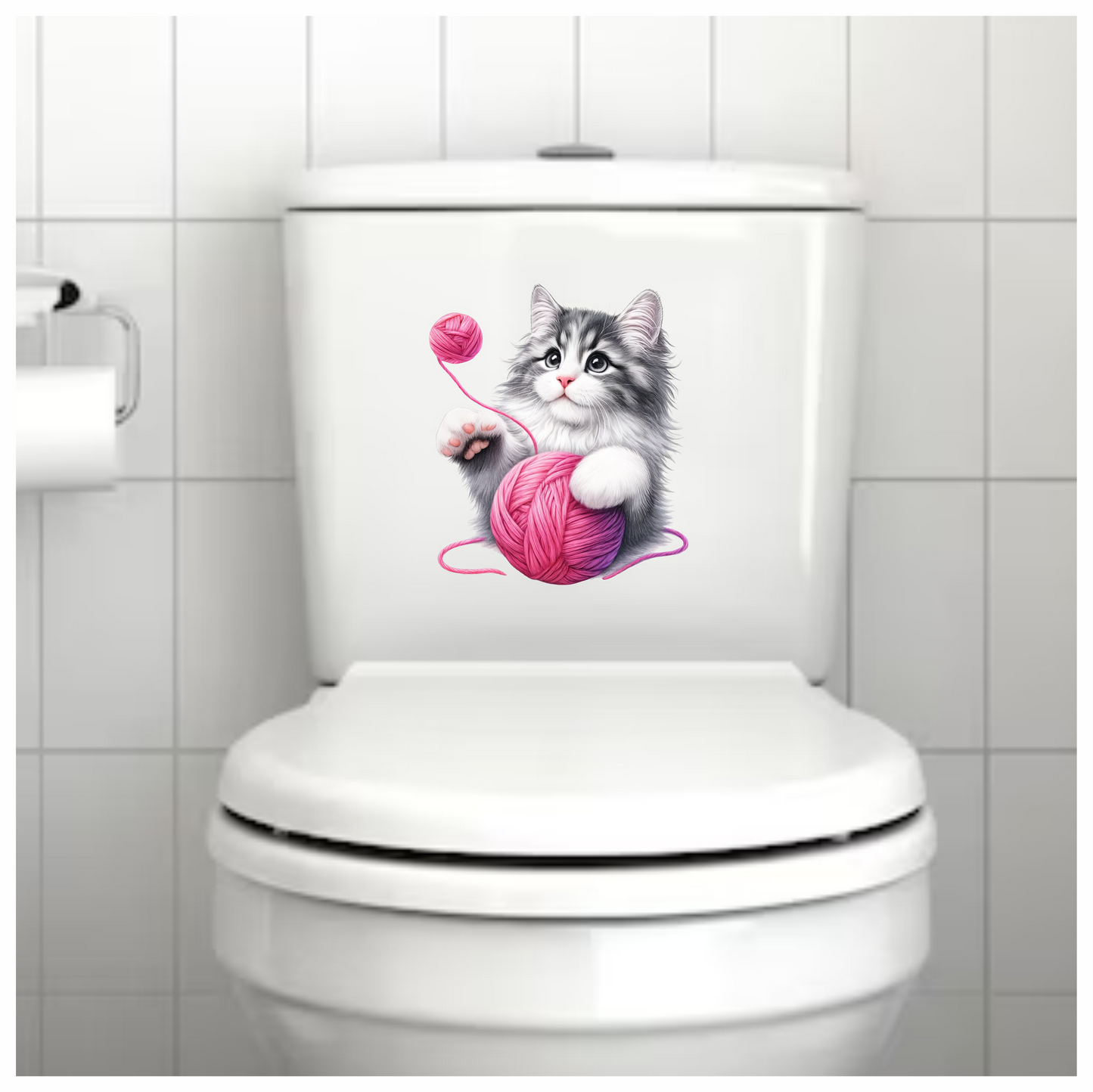 Gray White Kitten Pink Yarn Vinyl Sticker Decal