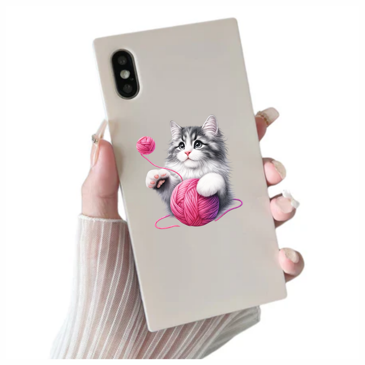 Gray White Kitten Pink Yarn Vinyl Sticker Decal