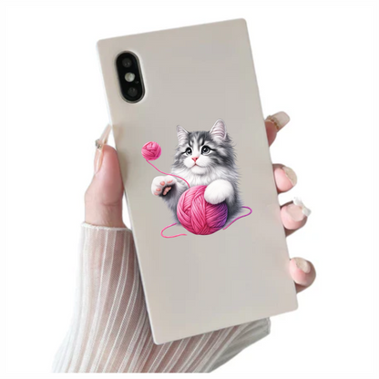 Gray White Kitten Pink Yarn Vinyl Sticker Decal