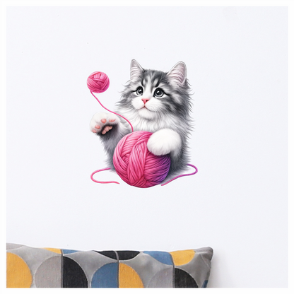 Gray White Kitten Pink Yarn Vinyl Sticker Decal