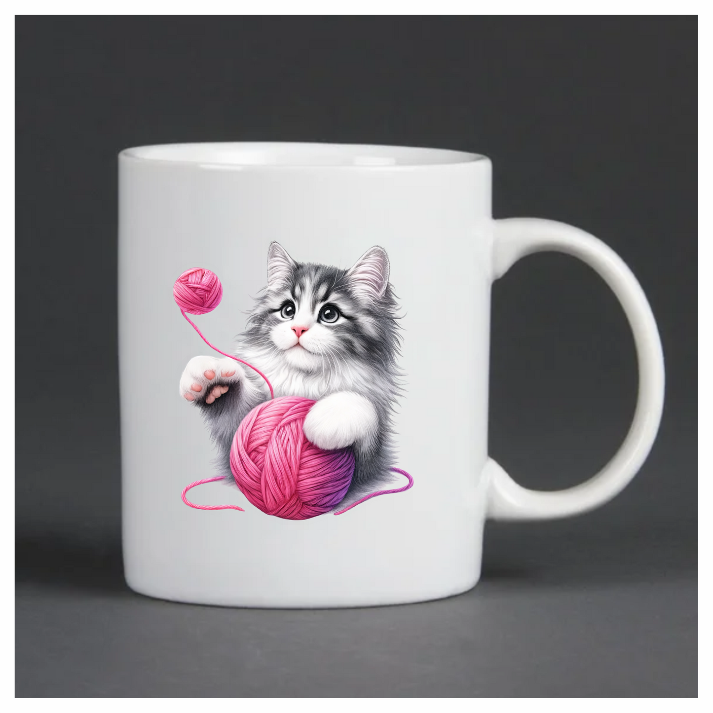 Gray White Kitten Pink Yarn Vinyl Sticker Decal