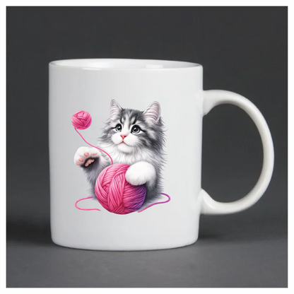 Gray White Kitten Pink Yarn Vinyl Sticker Decal