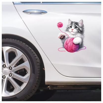 Gray White Kitten Pink Yarn Vinyl Sticker Decal