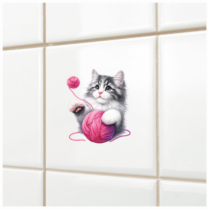 Gray White Kitten Pink Yarn Vinyl Sticker Decal