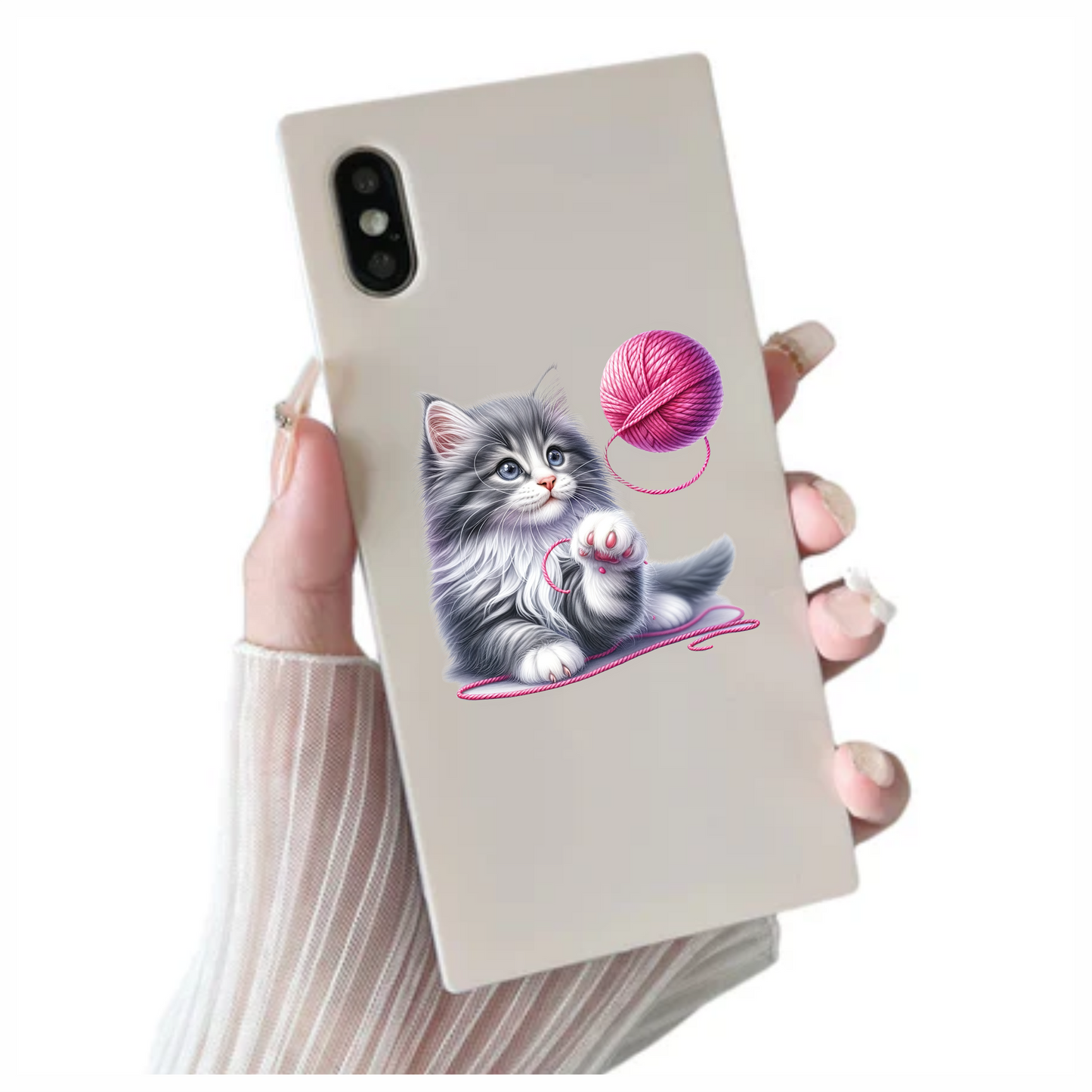 Gray White Kitten Fluffy Yarn Vinyl Sticker Decal