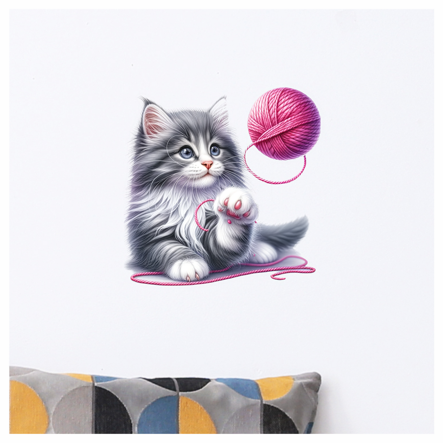 Gray White Kitten Fluffy Yarn Vinyl Sticker Decal