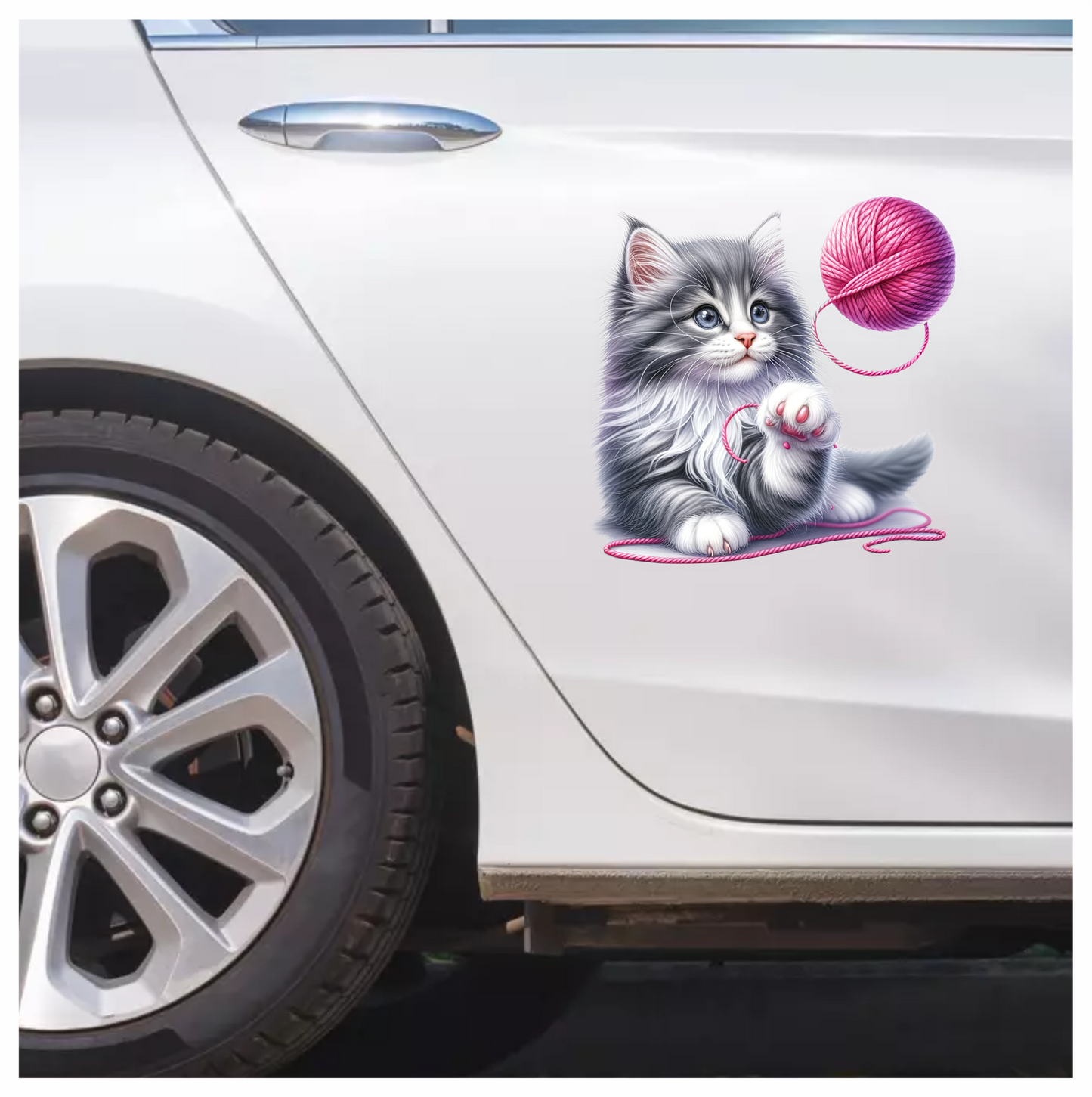 Gray White Kitten Fluffy Yarn Vinyl Sticker Decal