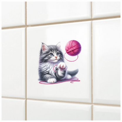 Gray White Kitten Fluffy Yarn Vinyl Sticker Decal