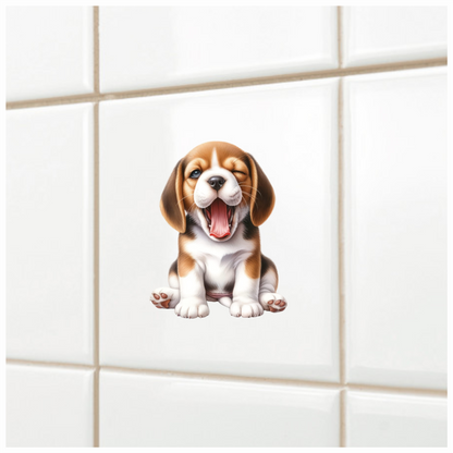 Brown White Puppy Beagle Yawning Vinyl Sticker Decal