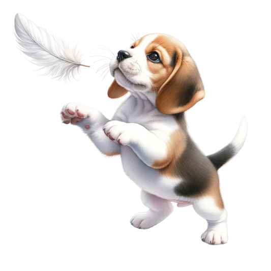 Brown White Beagle Puppy Playing Feather Vinyl Sticker Decal