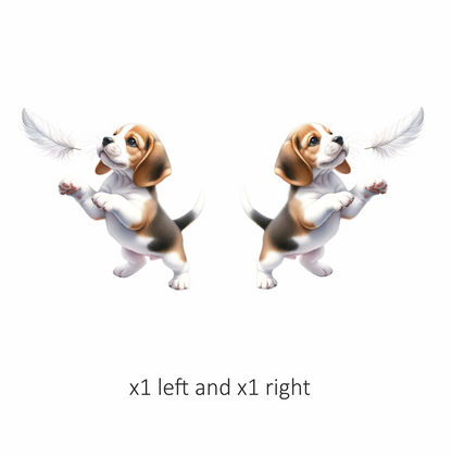 Brown White Beagle Puppy Playing Feather Vinyl Sticker Decal