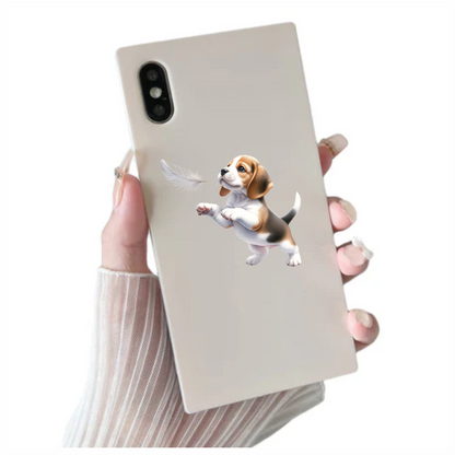 Brown White Beagle Puppy Playing Feather Vinyl Sticker Decal