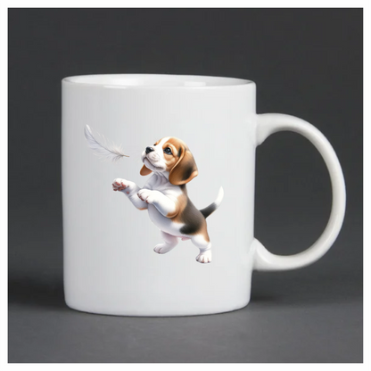 Brown White Beagle Puppy Playing Feather Vinyl Sticker Decal