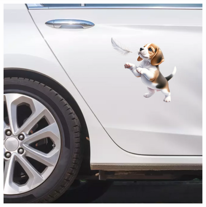Brown White Beagle Puppy Playing Feather Vinyl Sticker Decal