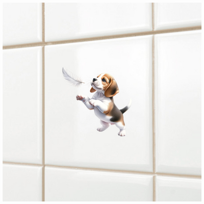 Brown White Beagle Puppy Playing Feather Vinyl Sticker Decal