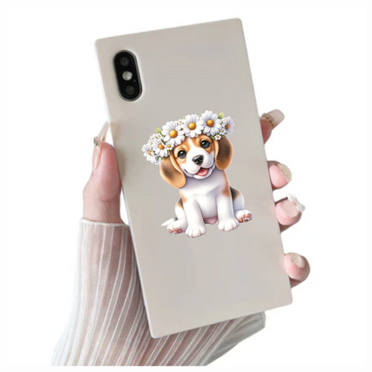 Brown Beagle Puppy Daisy Crown Vinyl Sticker Decal