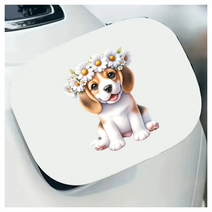 Brown Beagle Puppy Daisy Crown Vinyl Sticker Decal