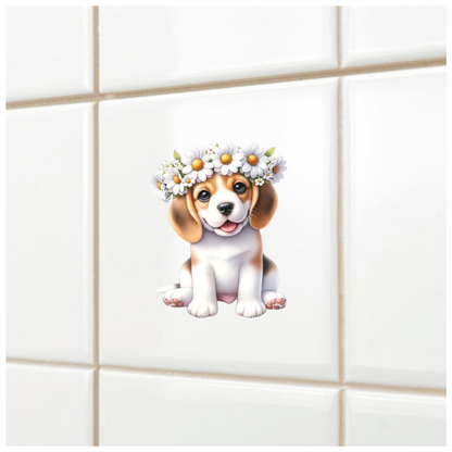 Brown Beagle Puppy Daisy Crown Vinyl Sticker Decal