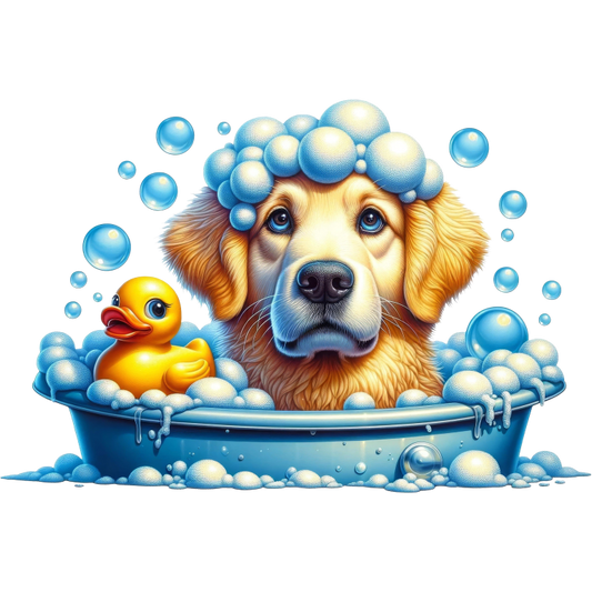 Golden Retriever Dog Bath Blue Vinyl Sticker Decal