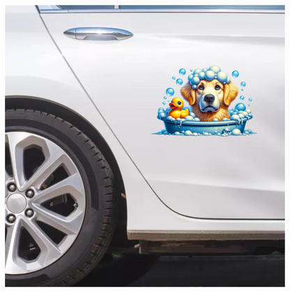 Golden Retriever Dog Bath Blue Vinyl Sticker Decal
