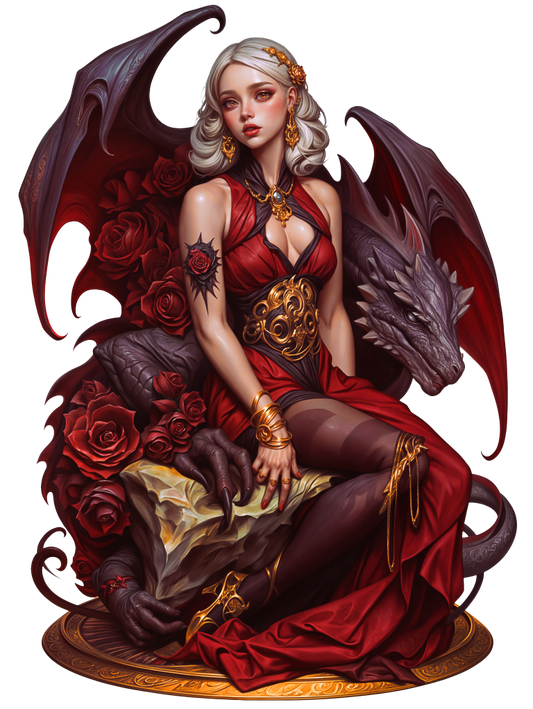 Woman Dragon Red Roses Gold Jewelry Vinyl Sticker Decal
