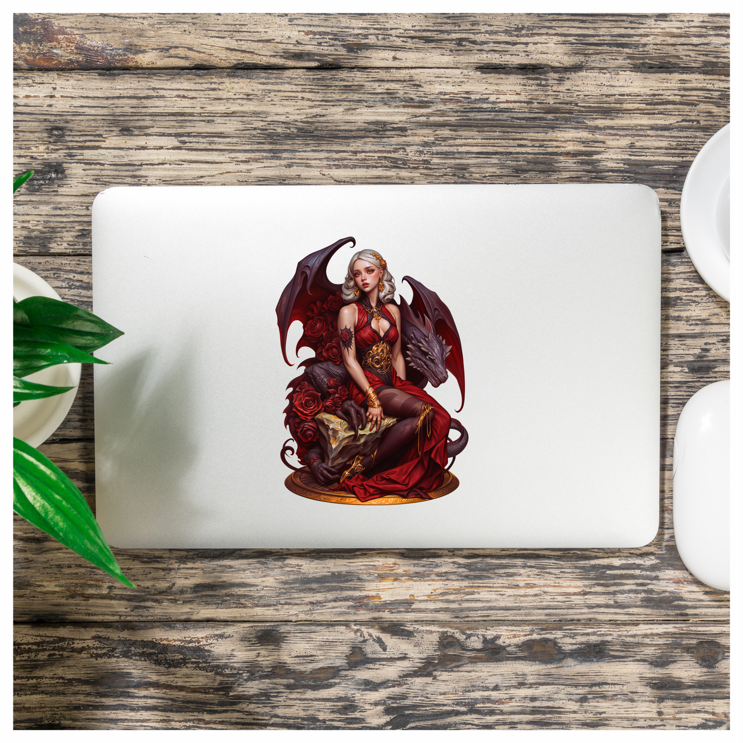 Woman Dragon Red Roses Gold Jewelry Vinyl Sticker Decal