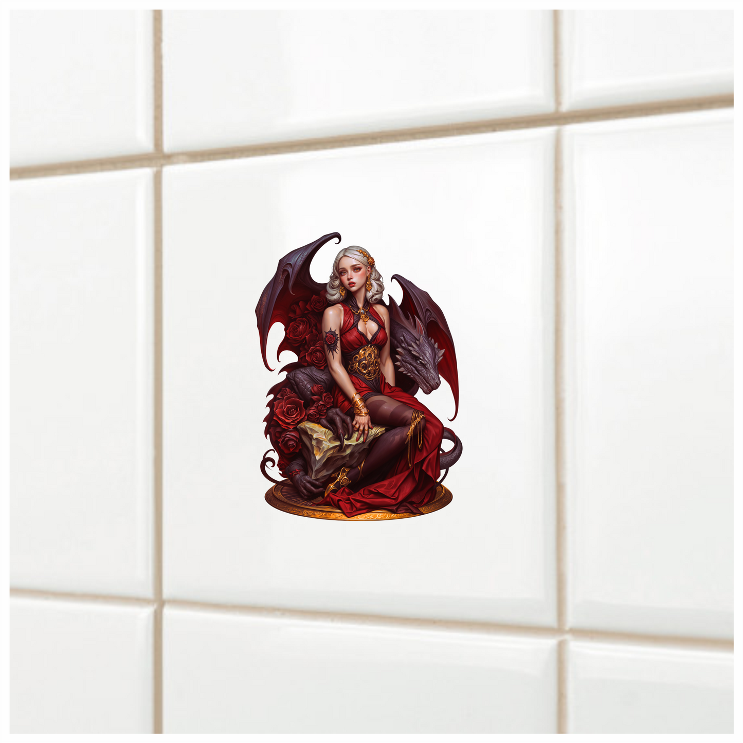 Woman Dragon Red Roses Gold Jewelry Vinyl Sticker Decal