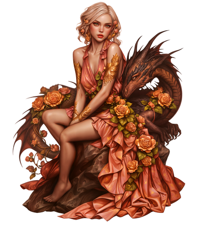 Woman Peach Dragon Roses Sitting Vinyl Sticker Decal