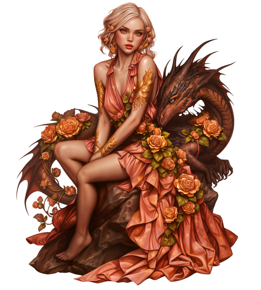 Woman Peach Dragon Roses Sitting Vinyl Sticker Decal