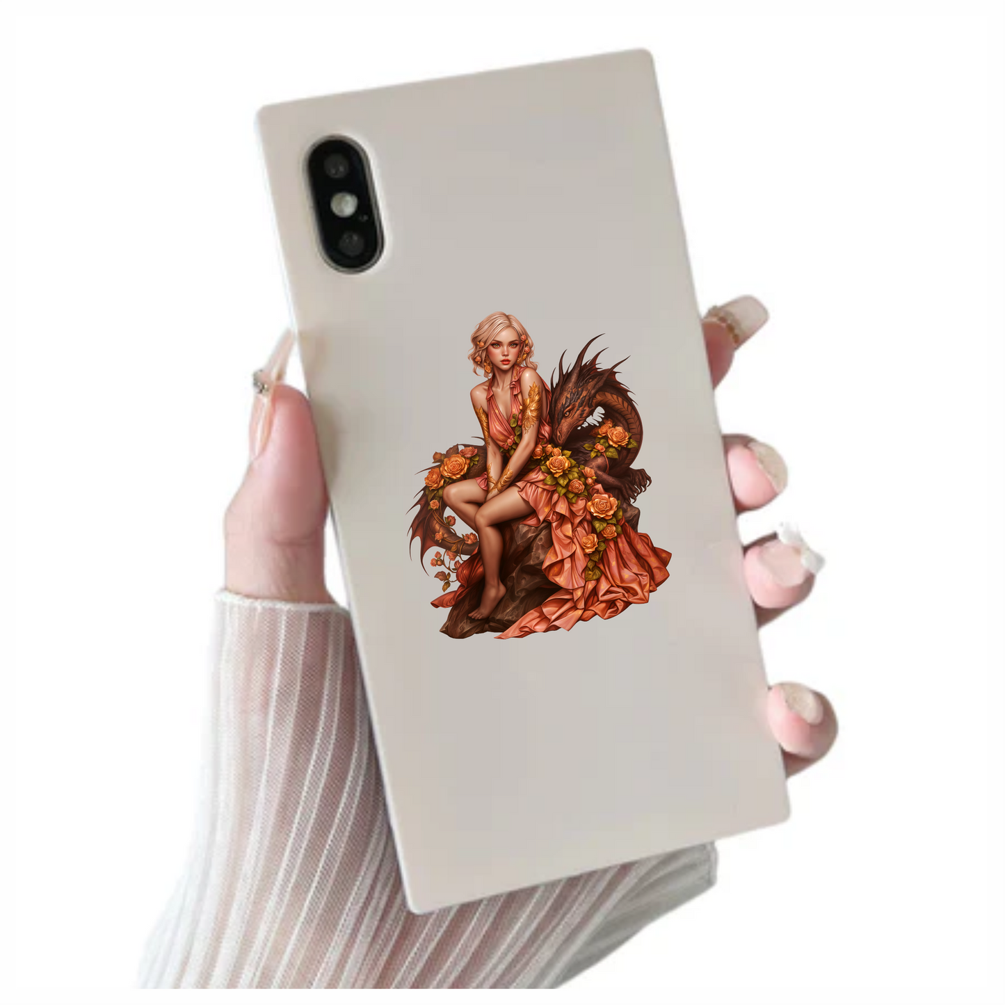 Woman Peach Dragon Roses Sitting Vinyl Sticker Decal