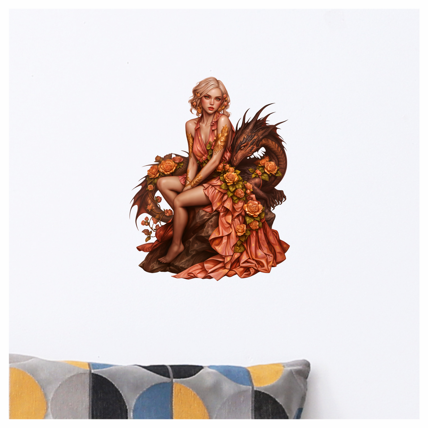 Woman Peach Dragon Roses Sitting Vinyl Sticker Decal