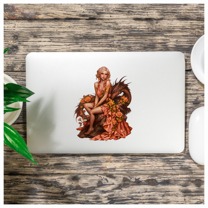 Woman Peach Dragon Roses Sitting Vinyl Sticker Decal