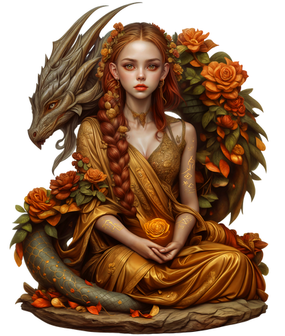 Dragon Girl Orange Flowers Golden Dress Vinyl Sticker Decal