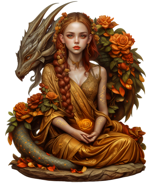 Dragon Girl Orange Flowers Golden Dress Vinyl Sticker Decal