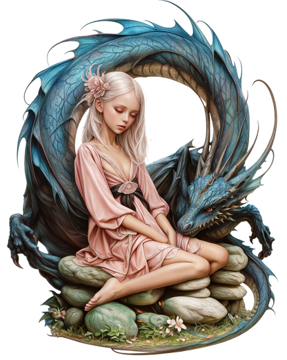 Girl Pink Dress Blue Dragon Stones Vinyl Sticker Decal