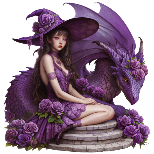 Purple Witch Girl Dragon Roses Vinyl Sticker Decal