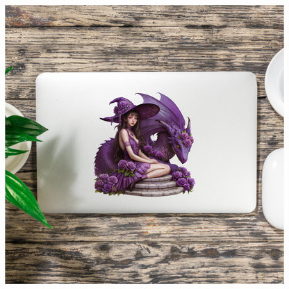 Purple Witch Girl Dragon Roses Vinyl Sticker Decal