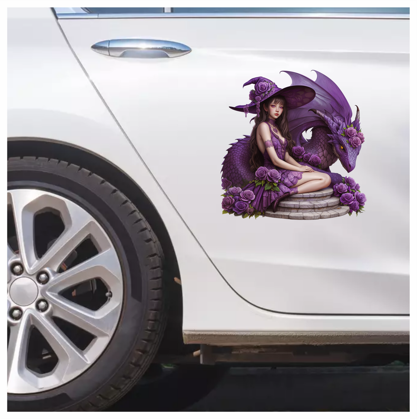 Purple Witch Girl Dragon Roses Vinyl Sticker Decal