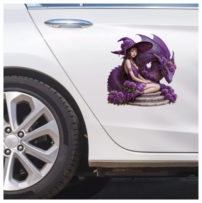 Purple Witch Girl Dragon Roses Vinyl Sticker Decal