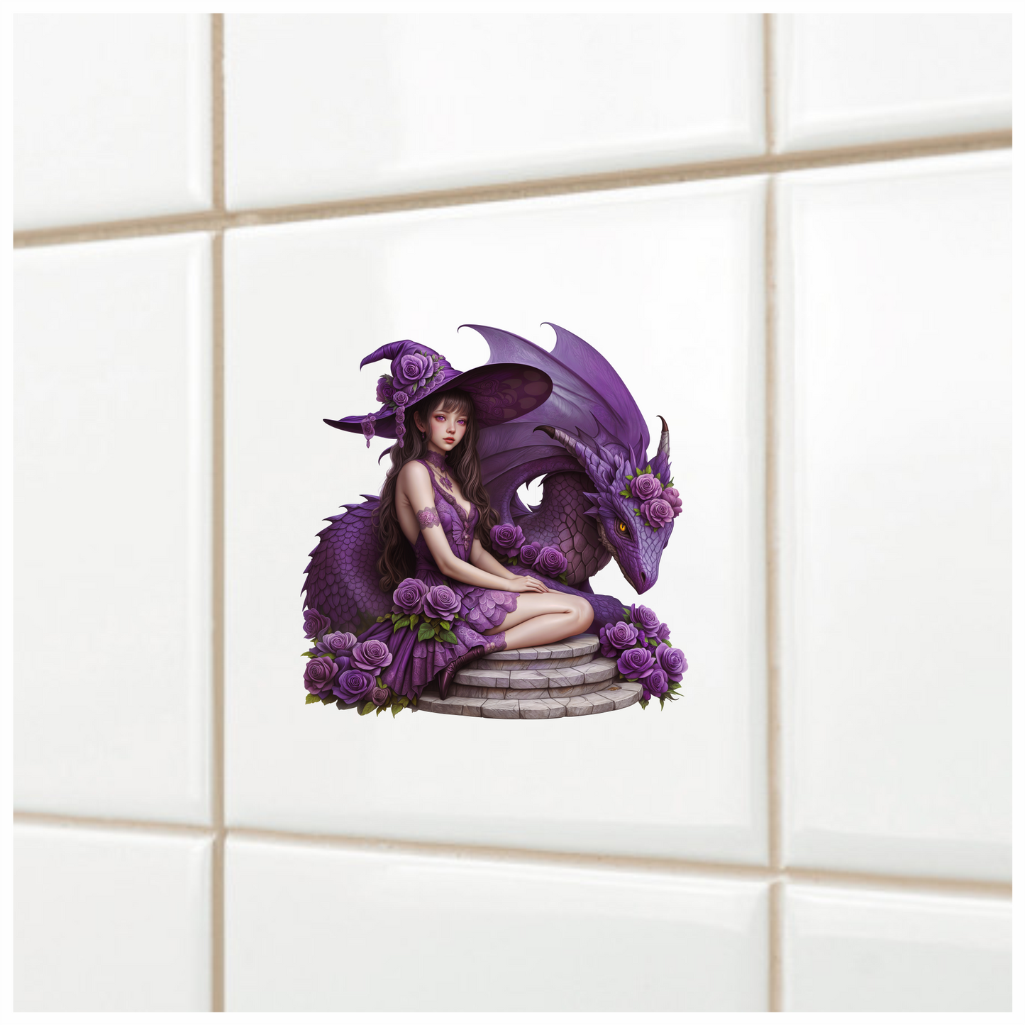 Purple Witch Girl Dragon Roses Vinyl Sticker Decal