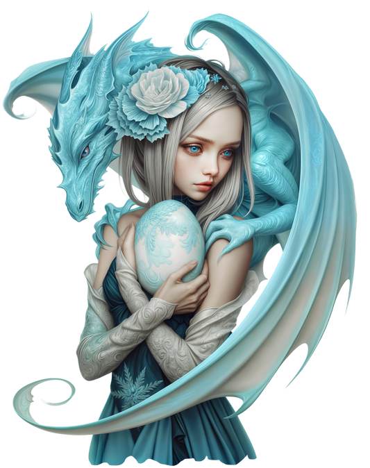 Blue Dragon Girl Holding Egg Vinyl Sticker Decal