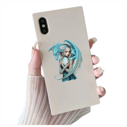 Blue Dragon Girl Holding Egg Vinyl Sticker Decal