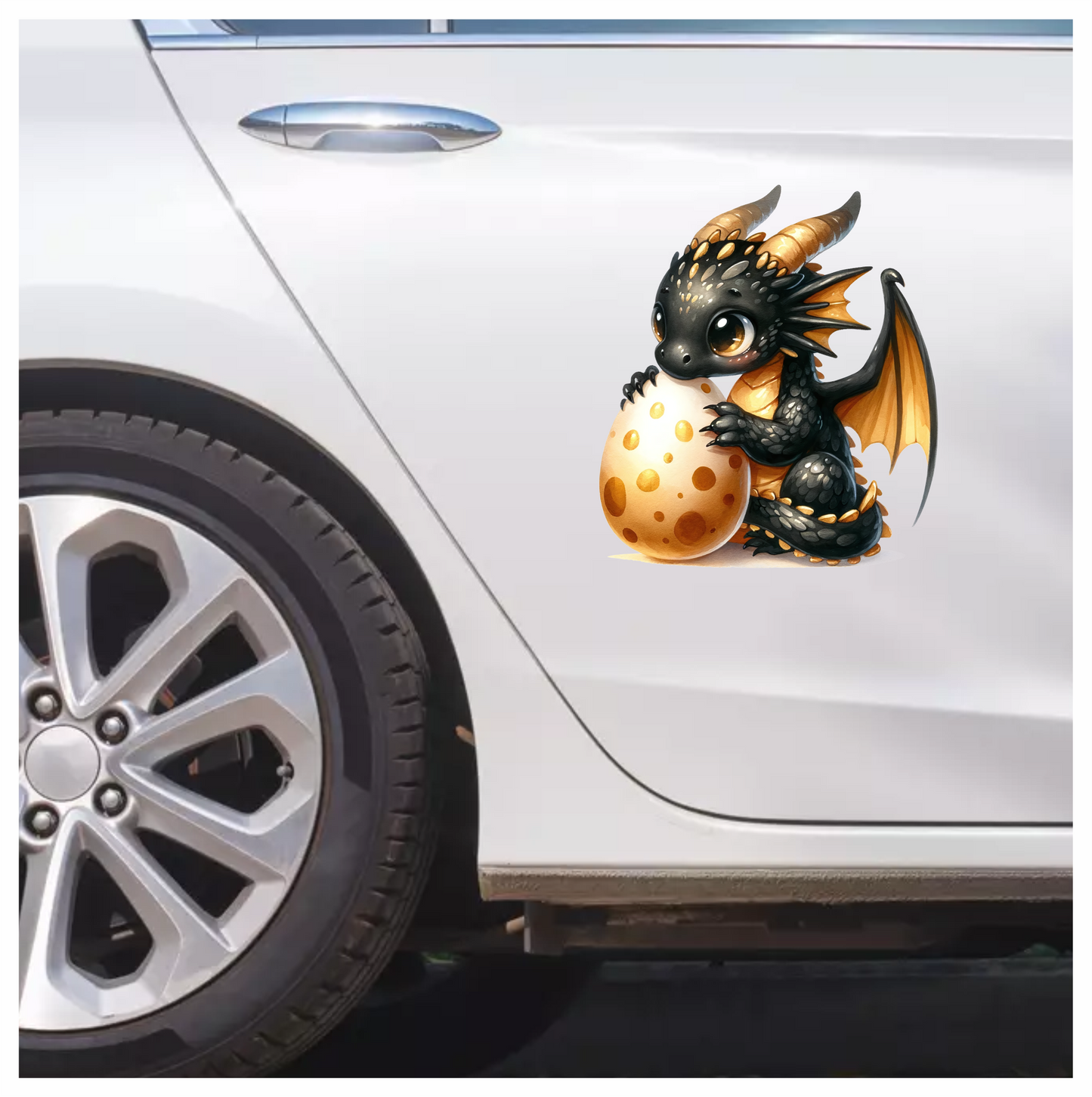 Black Baby Dragon Holding Egg Vinyl Sticker Decal