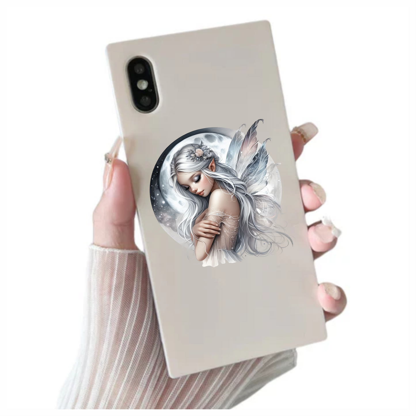 Silver Fairy Moon Wings Flowers Vinyl Sticker Decal