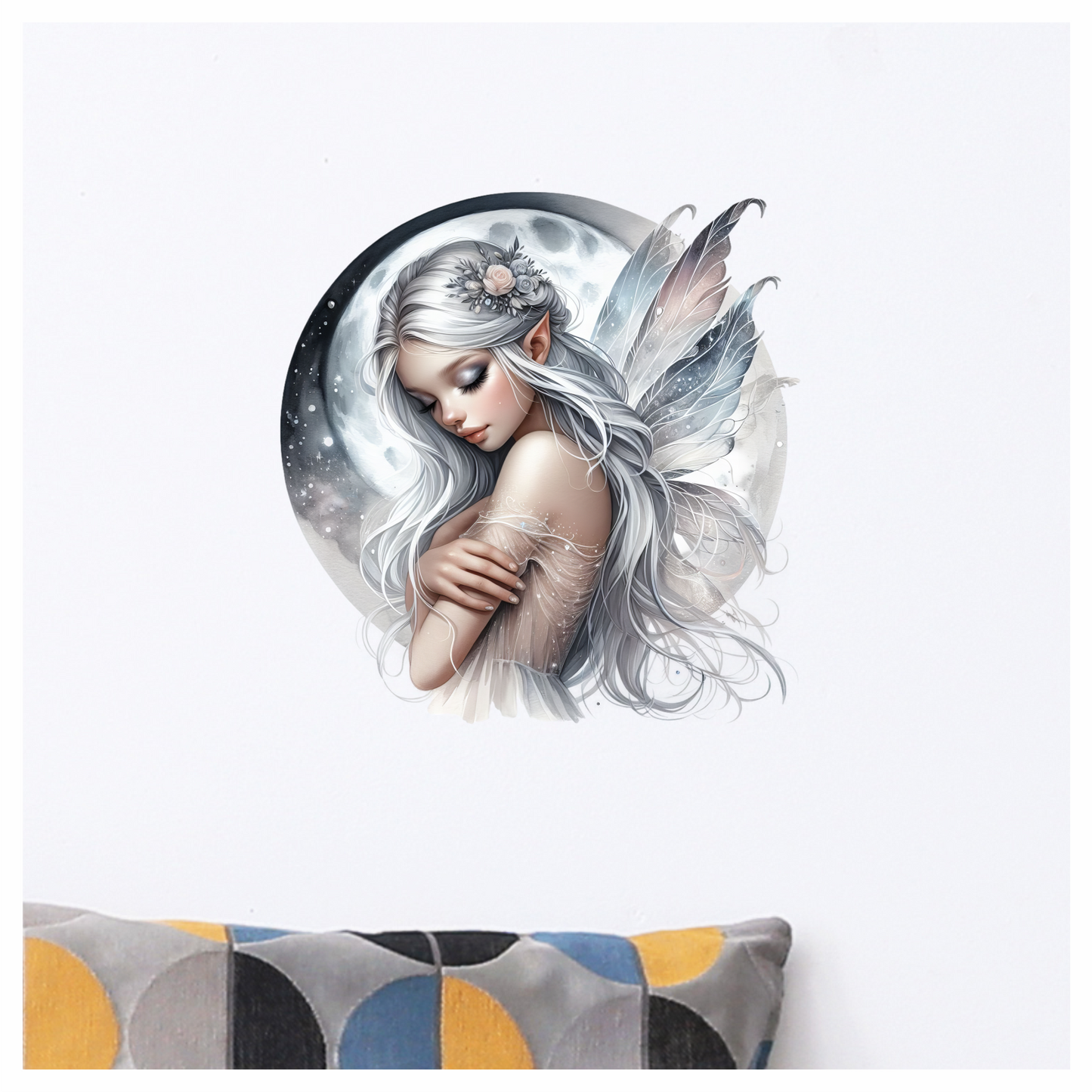Silver Fairy Moon Wings Flowers Vinyl Sticker Decal