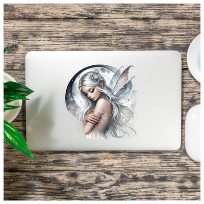 Silver Fairy Moon Wings Flowers Vinyl Sticker Decal