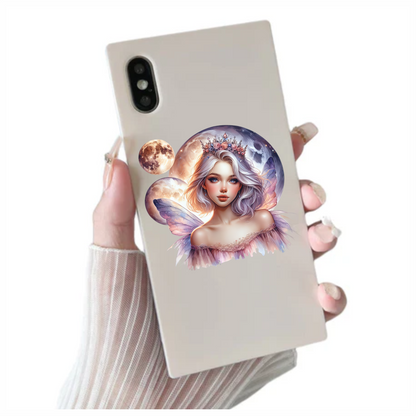 Fairy Woman Silver Hair Pink Moon Vinyl Sticker Decal